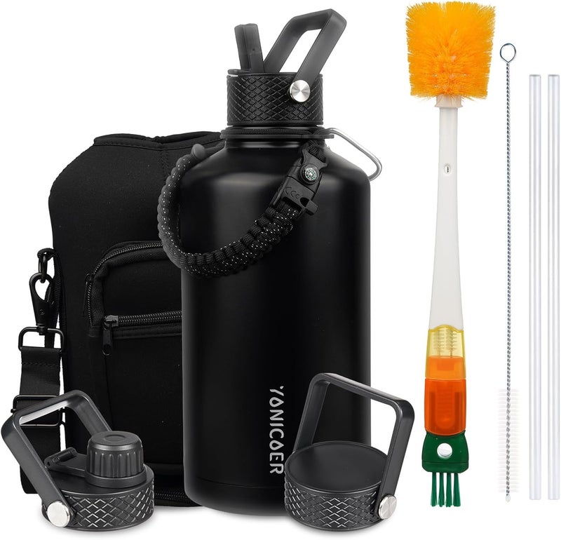 YONICOER Insulated Water Bottle 87oz,Triple Wall Vacuum Stainless Steel(Dishwasher Safe),Leak Proof & Non-BPA,Flask Jug with Paracord Handle & Straw Spout Lids Sports Black - Image 1